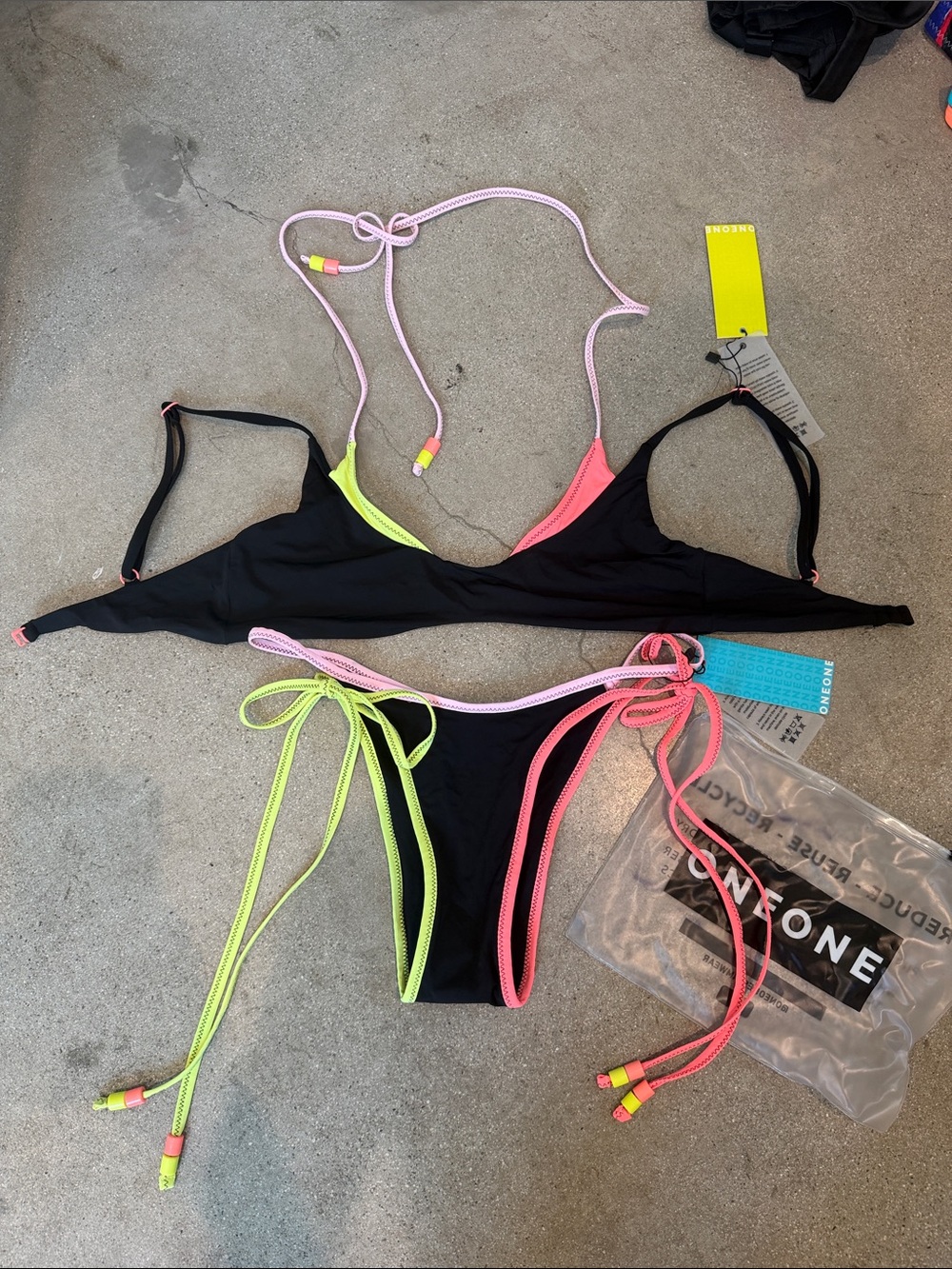 NWT OneOne Swim Neon Trim Black Bikini Set Top Small Bottoms Sz XS